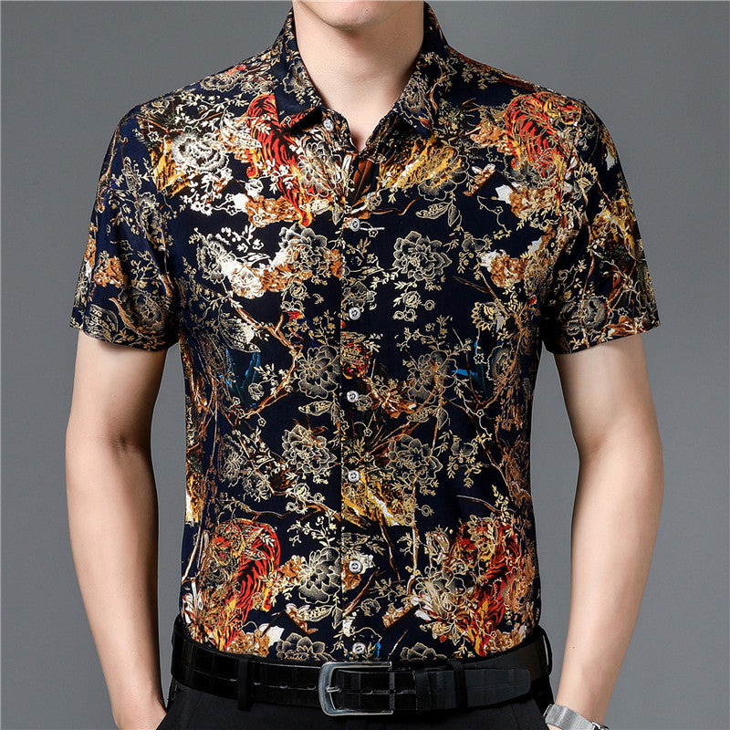 Middle-Aged Men's Summer Short Sleeve Printed Shirt Loose Non-Ironing Casual Half Sleeve Ice Silk Shirt Bronzing Thin Top Fashion