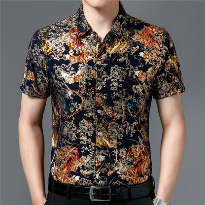 Middle-Aged Men's Summer Short Sleeve Printed Shirt Loose Non-Ironing Casual Half Sleeve Ice Silk Shirt Bronzing Thin Top Fashion