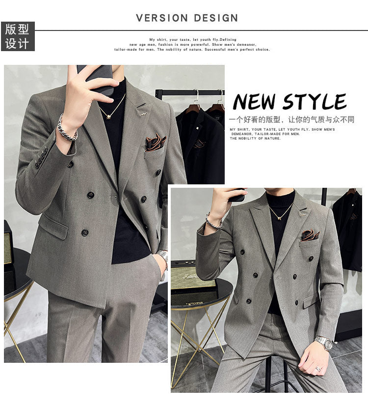 LOVECCR   Double Breasted Suit Men's Suits Autumn Men's Slim Striped Leisure Suit Business Formal Wear Groom Wedding Suit