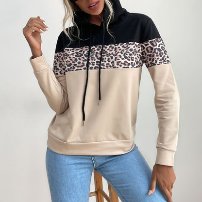 LOVECCR Cross-border Popular trade popular autumn 2025 contrasting color hoodie women's  retro leopard print splicing hooded sweater