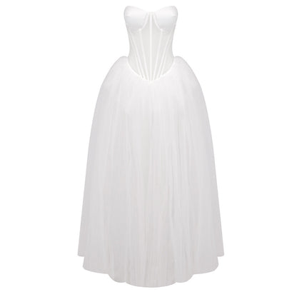 LOVECCR 2025 Express new white tube top dress elegant mesh see-through wedding dress long fishbone tutu