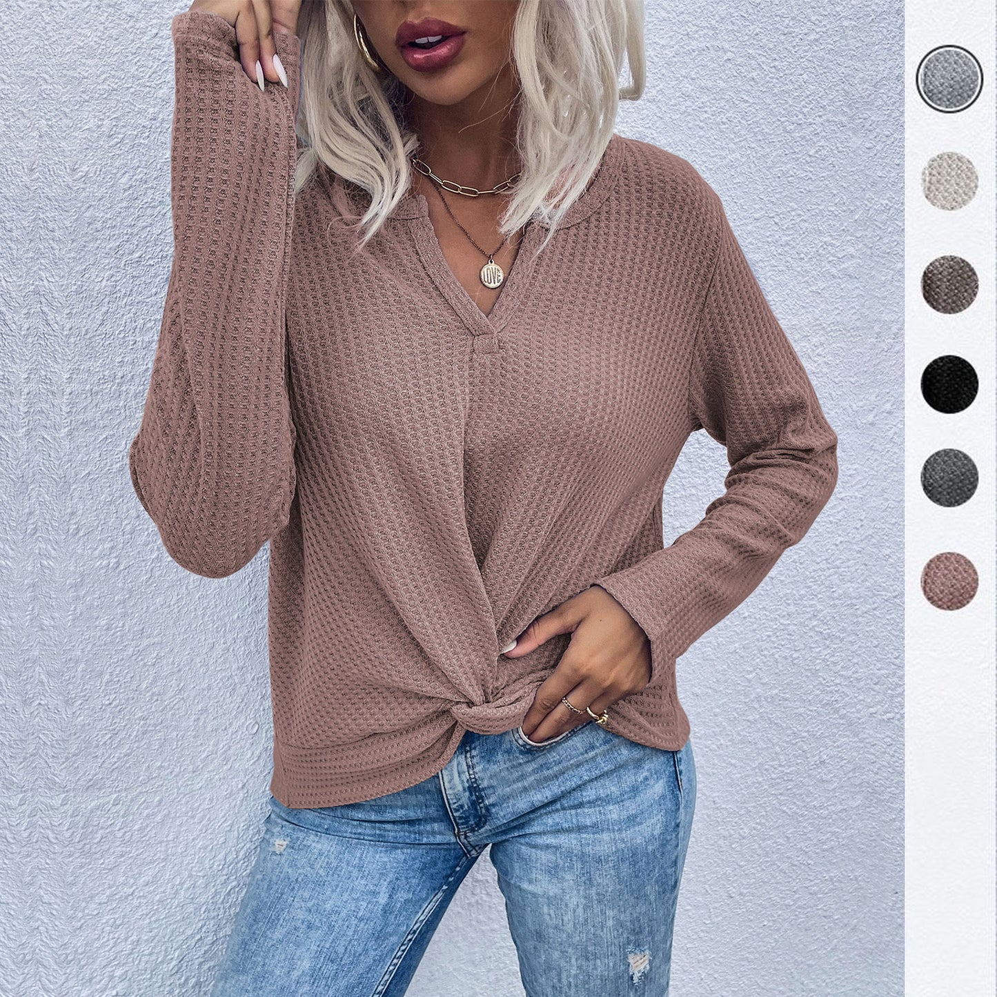 LOVECCR Autumn long-sleeved pullover knitted sweater women's Popular trade explosion New popular new waffle kink bottoming top