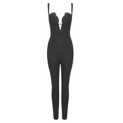 LOVECCR 2025 spring new black suspender jumpsuit elastic bandage sexy women's clothing 2025 tight-fitting onesie