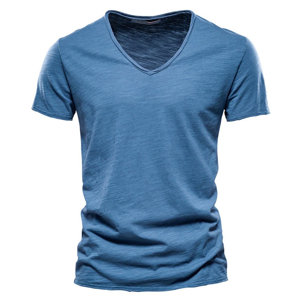 Summer Foreign Trade Popular Style Men's New Pure Color Slub Cotton V-neck Short-Sleeved T-shirt Cotton Hot Sale European and American Style Men's Clothing