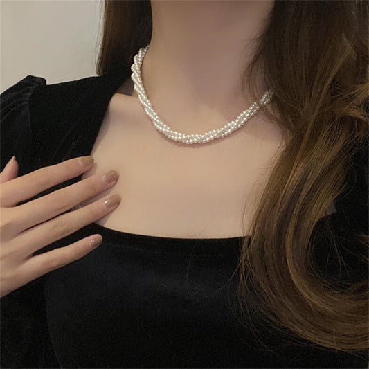 HOTan and NEWn Style All-Match Pearl Necklace Multi-Layer Pearl Winding Spiral Twist Necklace Temperament Wild Short Clavicle Chain