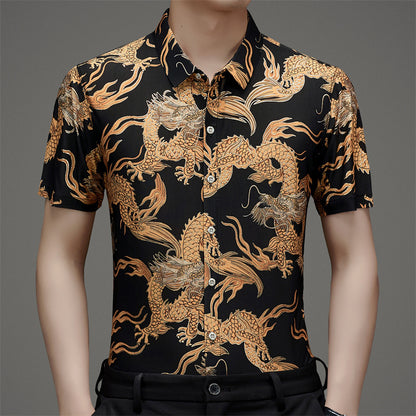 Middle-Aged Men's Summer Short Sleeve Printed Shirt Loose Non-Ironing Casual Half Sleeve Ice Silk Shirt Bronzing Thin Top Fashion