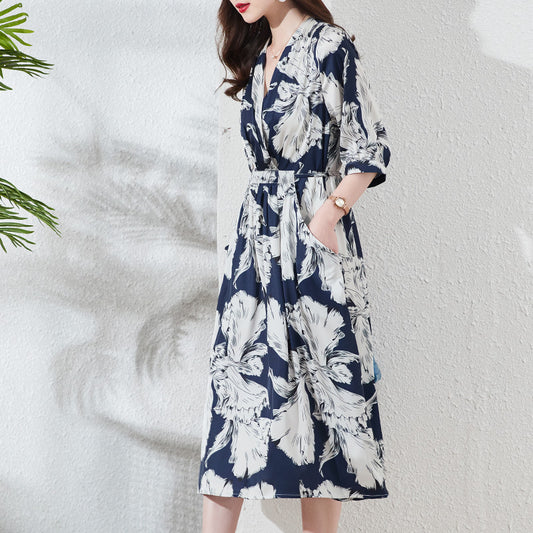 Silk Dress Women's Mulberry Silk Summer New High-End Temperament V-neck plus Size Floral Dress Women's High Sense