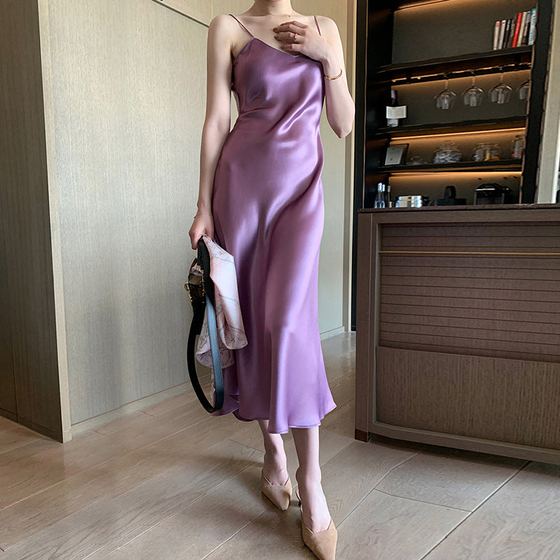 Spring and Summer Hot-Selling Acetic Acid Dress Satin Slim All-Match Internet Celebrity Halter Skirt TikTok Set Long Dress