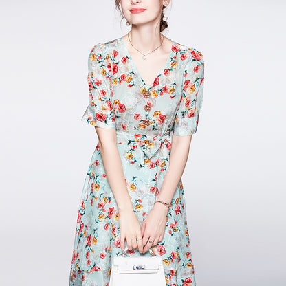 Floral Skirt  Style  New Summer Fashion V-neck Small Tight Waist High-Grade Mulberry Silk Silk Dress