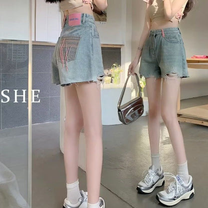 Ripped Denim Shorts Women's Summer 2024 New High Waist Slimming Raw Hem Wide Legs Loose A- line Hot Pants Trendy Ins