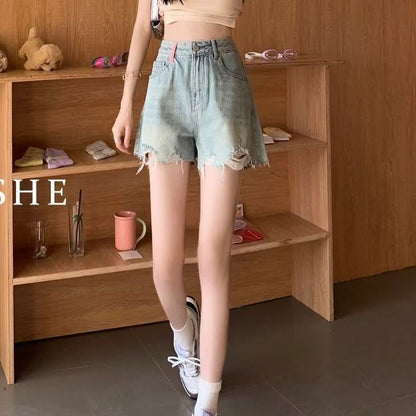 Ripped Denim Shorts Women's Summer 2024 New High Waist Slimming Raw Hem Wide Legs Loose A- line Hot Pants Trendy Ins