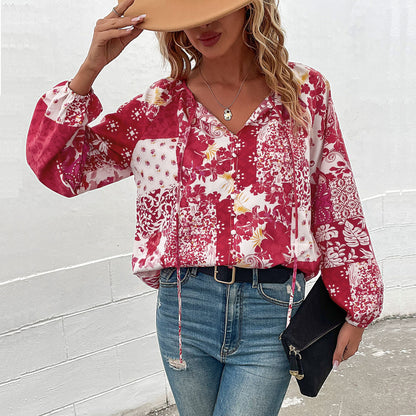 LOVECCR   Hot autumn casual printed shirt fashion 2025 foreign trade lace-up bubble sleeve shirt women