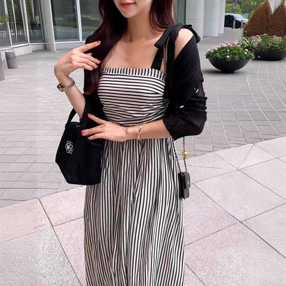 LOVECCR South Korea Chic Summer Niche Temperament Square Collar off-Shoulder Contrast Color Striped Waist Slimming Sling Dress Dress