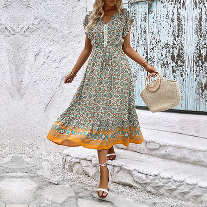 LOVECCR Hot new 2025  women's clothing summer ruffle edge bohemian printing dress human cotton splicing dress