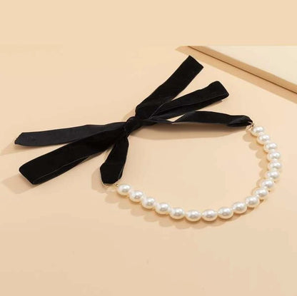 Cross-Border Popular Ornament Imitation Pearl Black Ribbon Bends and Hitches Necklace Clavicle Chain HOTan and NEWn Fashion Pearl Necklace