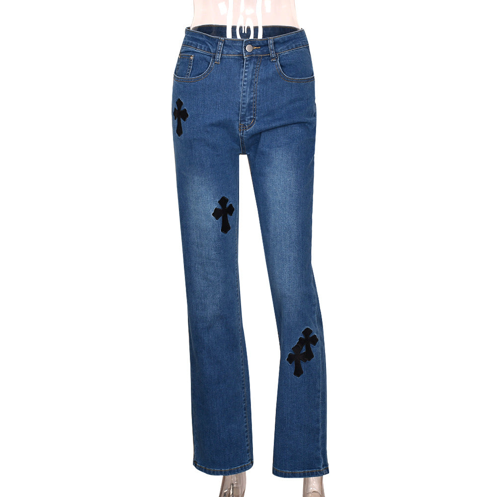 8082dn European and American Women's Clothing 2024 Spring Ins New Embroidered Cross High Waist Pocket Street Sexy Jeans