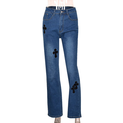 8082dn European and American Women's Clothing 2024 Spring Ins New Embroidered Cross High Waist Pocket Street Sexy Jeans