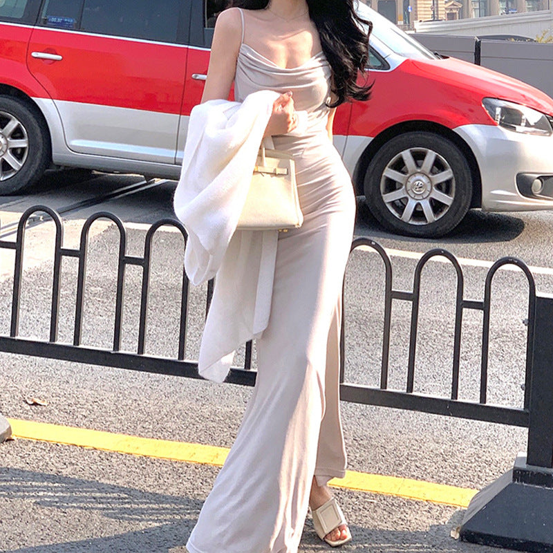 LOVECCR Jinqian White  Strap Dress Women's Spring and Summer New Elegant Adult Lady like Woman Style Sheath Long Skirt Swing Collar Fashion