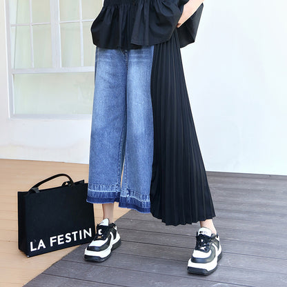 230516 Retro Hong Kong Style Color Contrast Patchwork Pleated Jeans Women's Summer Fashionable Stylish Wide Casual Cropped Pants