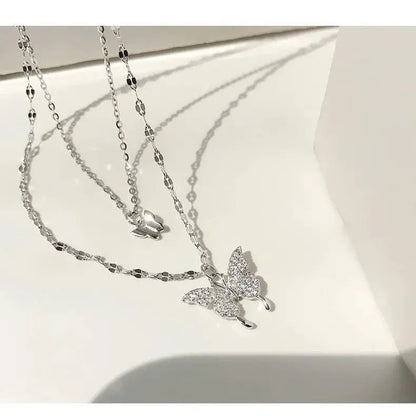 Alloy Double-Layer Butterfly Necklace for Women Ins Light Luxury Clavicle Chain Niche Design Necklace  Wind Direction Pendant