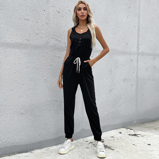 LOVECCR New Popular trade women's clothing popular spring and summer new casual sports drawstring solid color vest knitted jumpsuit