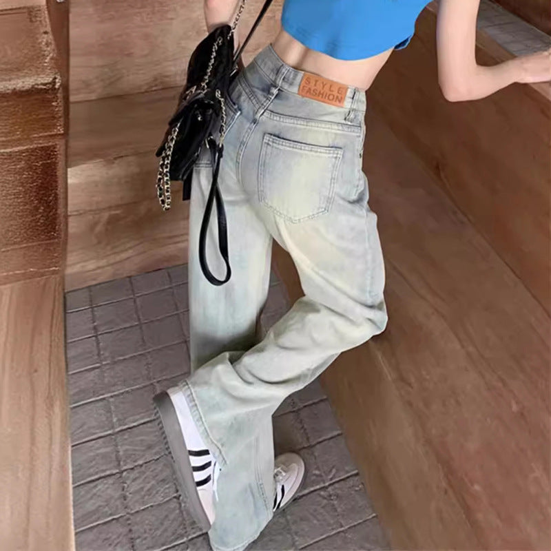 Light-Colored Jeans Women's Summer 2024 New Retro High Waist Slimming and Straight Mop Pants Loose-Fitting Wide-Leg Trousers Fashion