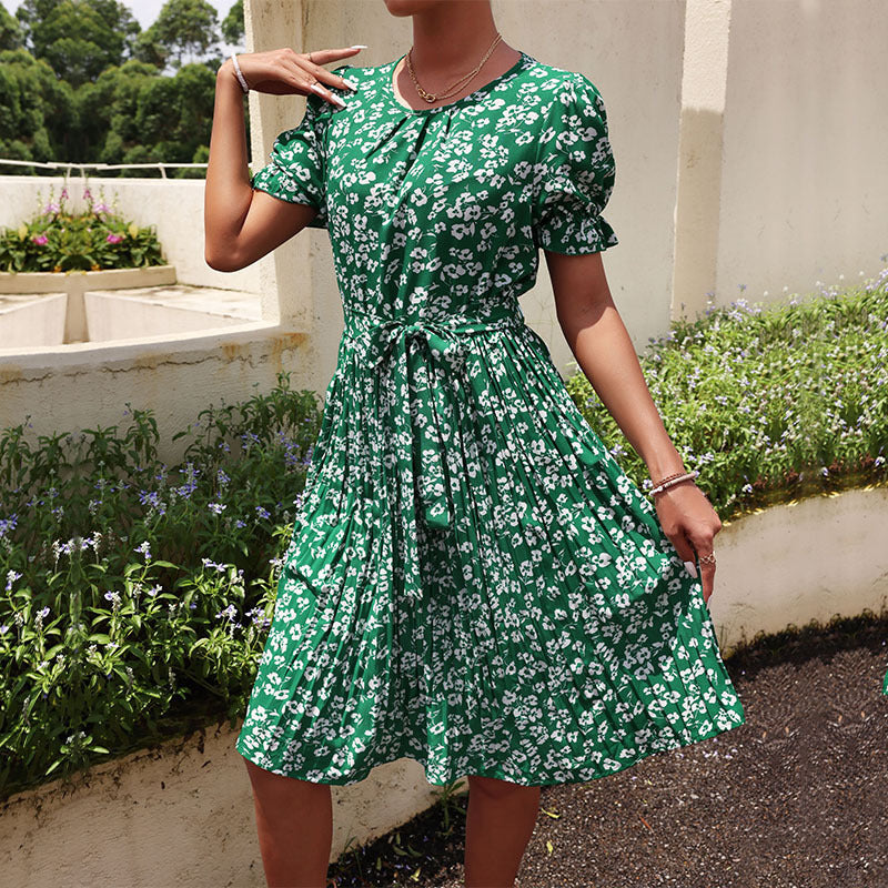 LOVECCR New  Hot Trade 2025 Fashion Women's Clothing Summer New Lace-Up Green Pleated Dress