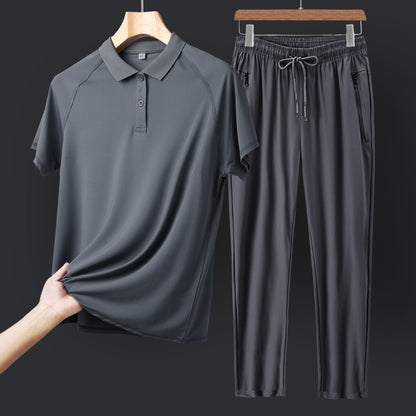 Comfortable Dad Wear Ice Silk Sports Suit Men's Summer Casual Short Sleeve Summer Middle-Aged Summer Wear Middle-Aged and Elderly Men's Clothing