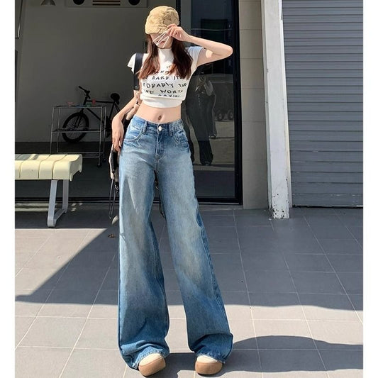 Retro Blue Low Waist Jeans for Women 2024 New Spring Straight Slim-Fitting Loose Mop Drooping Wide-Leg Pants