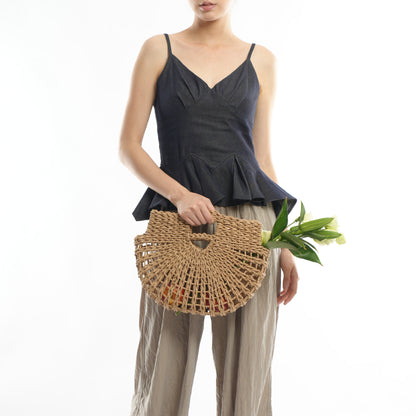 loveccr New Straw Popular Handmade Woven Hollowed Semicircle Portable Flower Basket Tote Bag