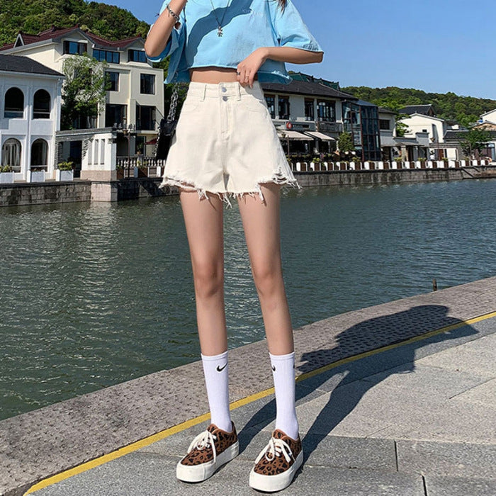 Double Buckle Thin Denim Shorts Women's Korean-Style High Waist Black Ins Style Hot Girl Raw Hem Ripped Wide Leg A- line Hot Pants Summer