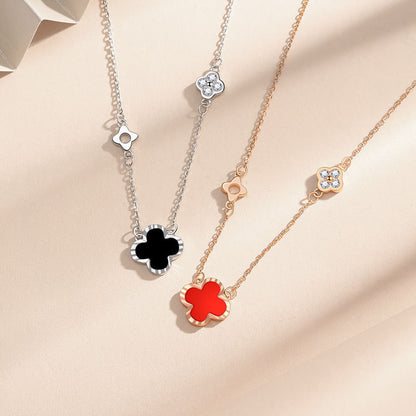 S999 Pure Silver Clover Red Agate Necklace Female Pendant Light Luxury Minority  New Birthday Gift for Girlfriend