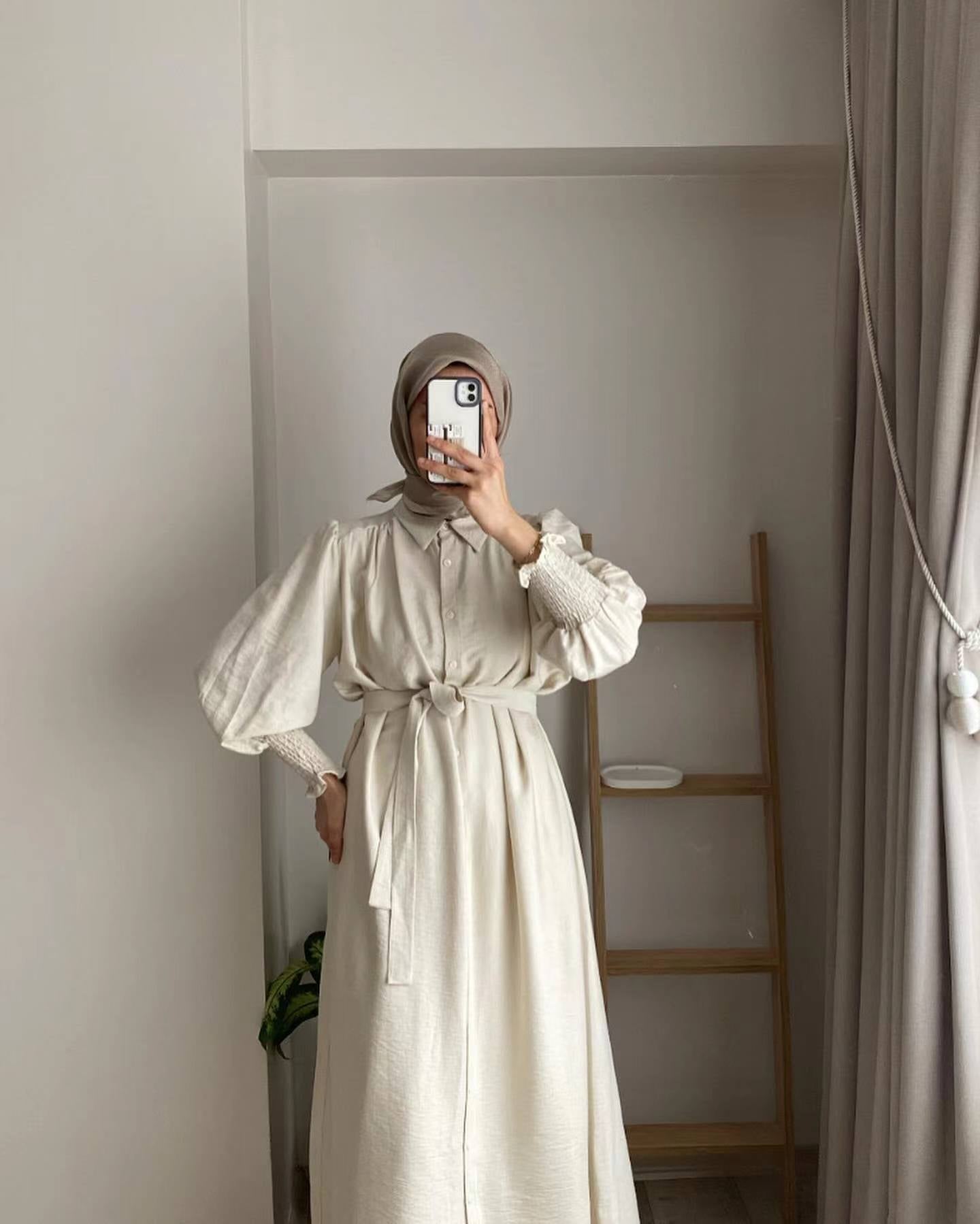 LOVECCR Cross-Border Women's Clothing Spring and Autumn New Pure Color Muslim Style Commuting Elegant Simple All-Matching Turn-down Collar Long Sleeve Loose