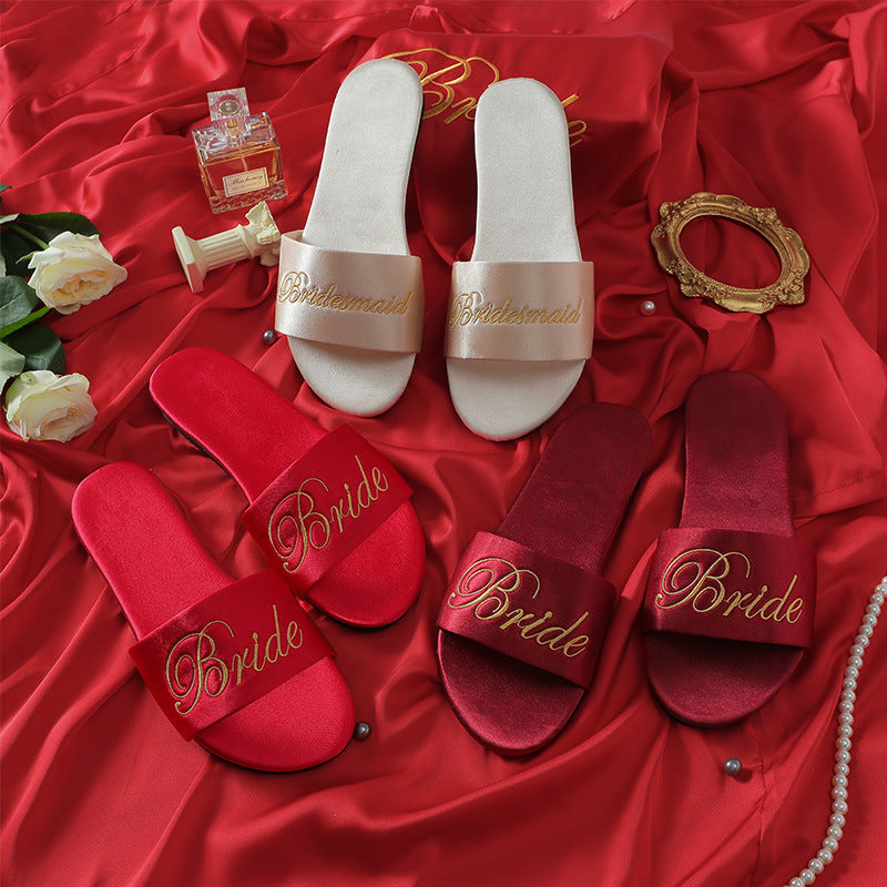 Embroidered New Wedding Bridesmaid Slippers Women's Wedding Satin Red Slippers Wedding Bridal Gown Matching Shoes Women