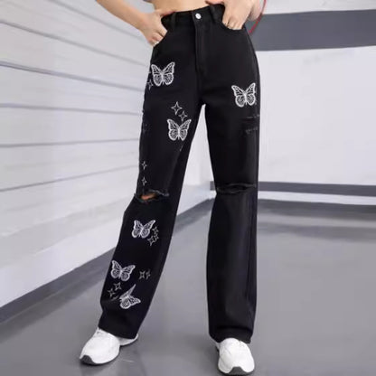 New European and American  Wish Embroidery Ripped Fashion Denim Skinny Pants Female 69310