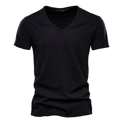 Summer Foreign Trade Popular Style Men's New Pure Color Slub Cotton V-neck Short-Sleeved T-shirt Cotton Hot Sale European and American Style Men's Clothing