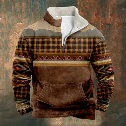 Cross-Border European and American New Independent Station Aztec Printed Casual Men's Clothing Shirt Long Sleeve Stand Collar Half Zip Sweater