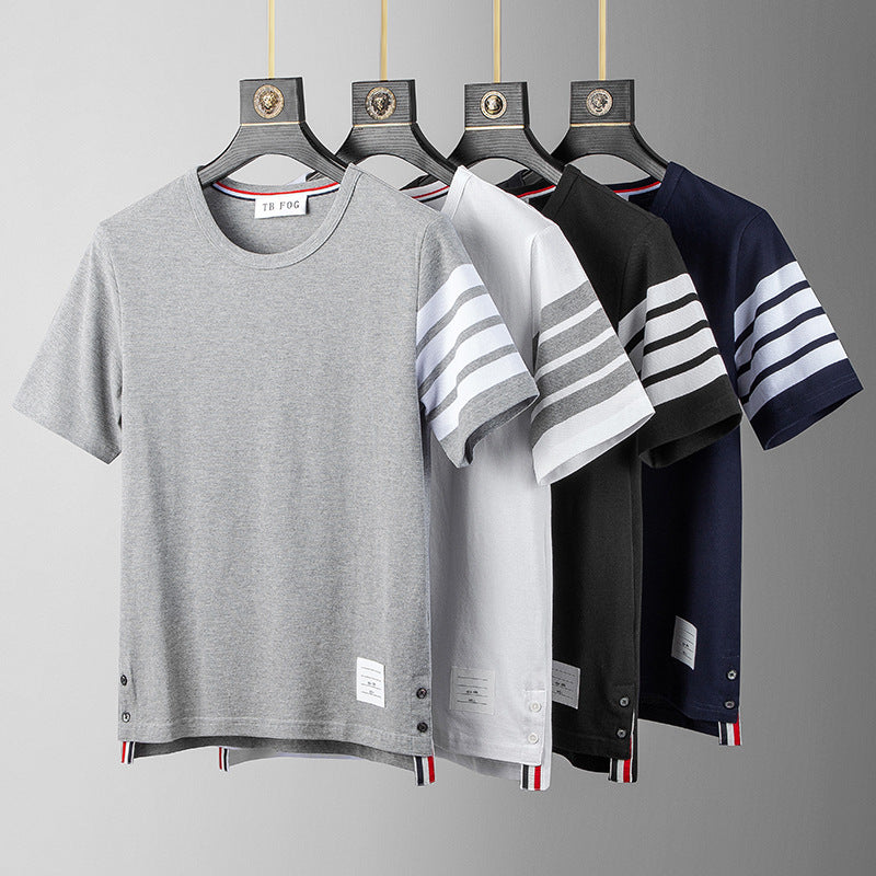 TB Yarn-Dyed Four-Bar Stripes Fashion Brand Half Sleeve Cotton Summer round Neck Short Sleeves T-shirt Men's Casual All-Match Fashion