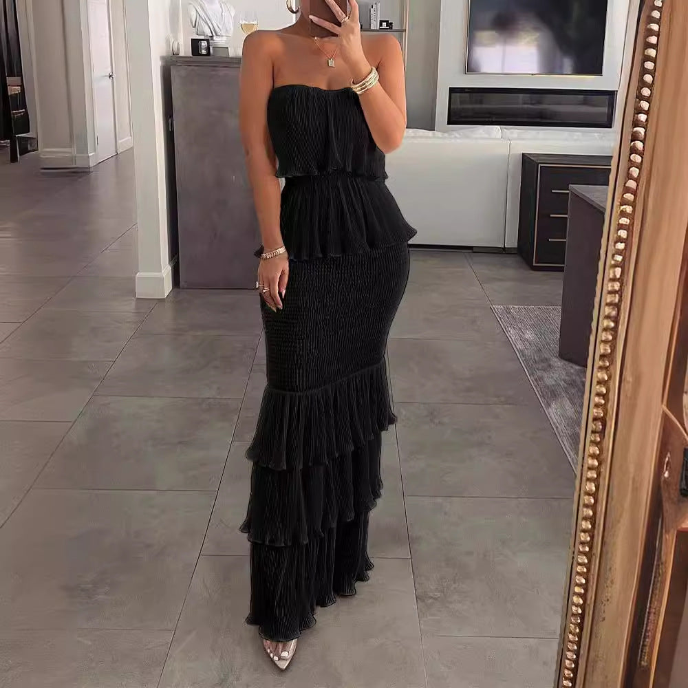 LOVECCR European and American  New High-End Temperament Solid Color Sexy Slim Women's Tube Top Smocking Pleated Ruffled Long Dress