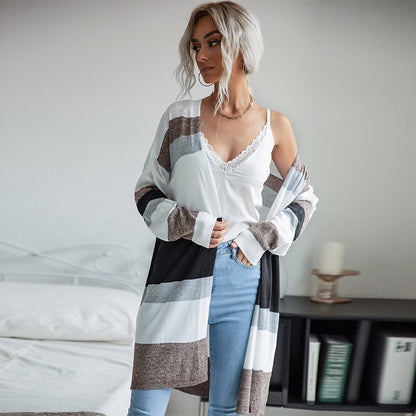 LOVECCR New Hot Spring and Autumn New Women's Clothing Thin Color-matching Striped Sweater Casual Home Air Conditioning Cardigan