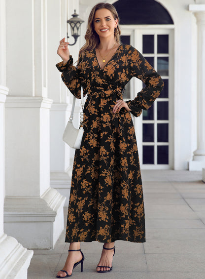 LOVECCR Cross-Border Hot European and American Autumn and Winter New Long Dress V-neck Long Sleeve Foreign Trade Wholesale Dress