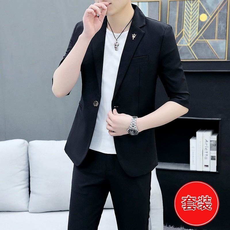 LOVECCR   Suit Men's One Suit Matching Summer Korean Style Trendy Fashion Dress 3/4 Sleeve Non-Ironing Casual Small Suit