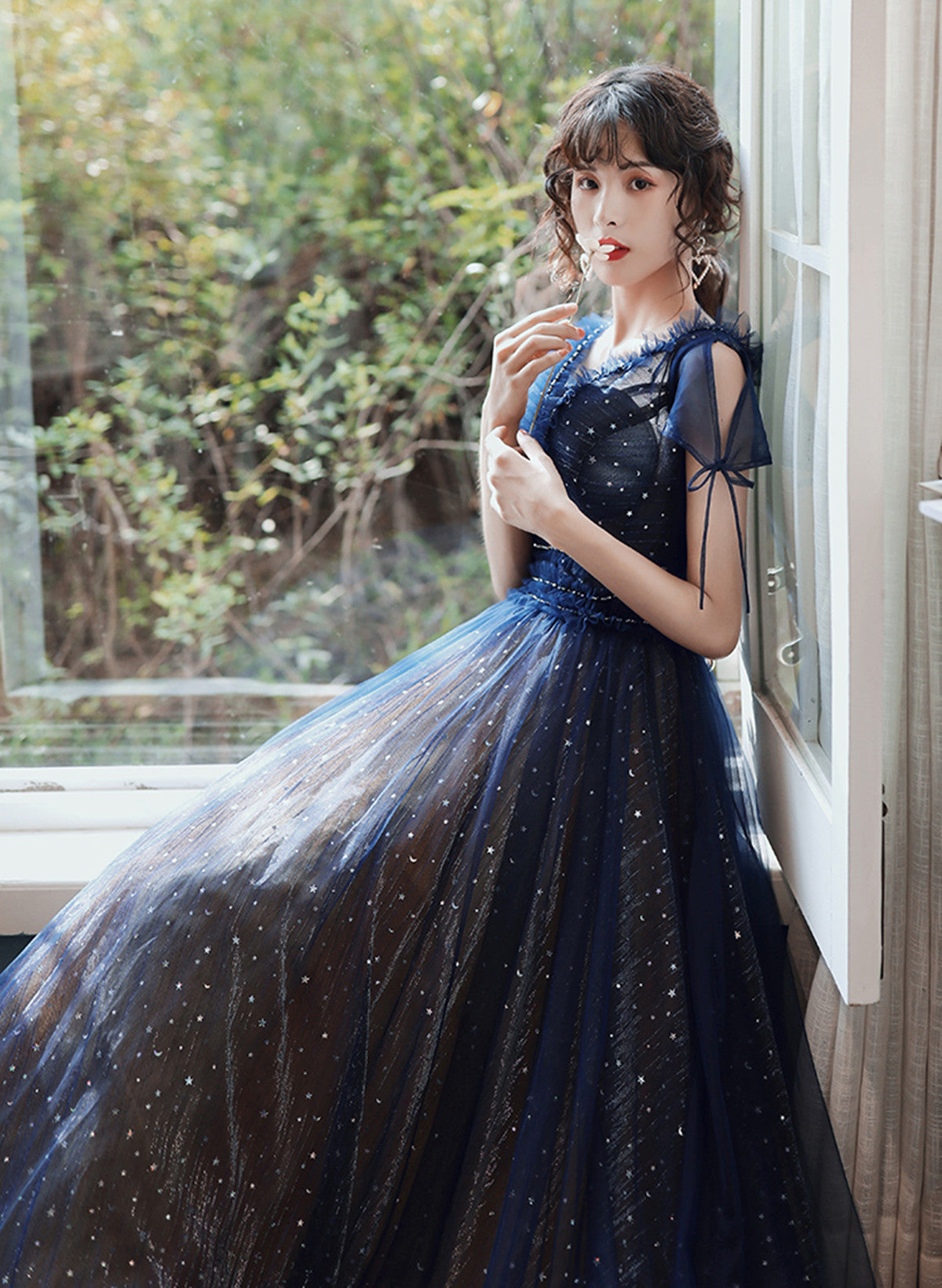 LOVECCRNavy Blue A-line Short Sleeves V-neckline Party Dress, Navy Blue Prom Dress