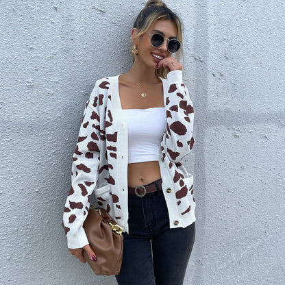 LOVECCR New Hot Trade Women's Clothing Hot Autumn New 2025 Cardigan Leopard Jacquard Knitted Sweater Jacket