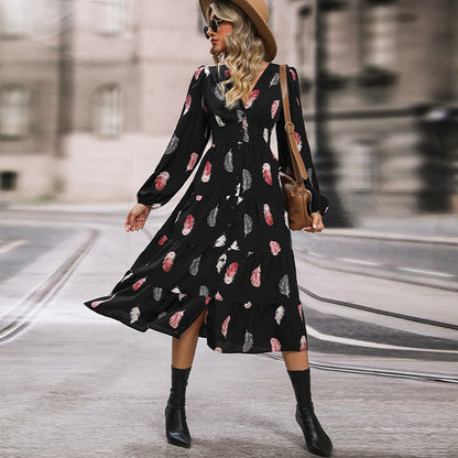 LOVECCR New Hot Trade Skirt Hot Autumn and Winter New 2025 Women's  Long Sleeve Printed Dress