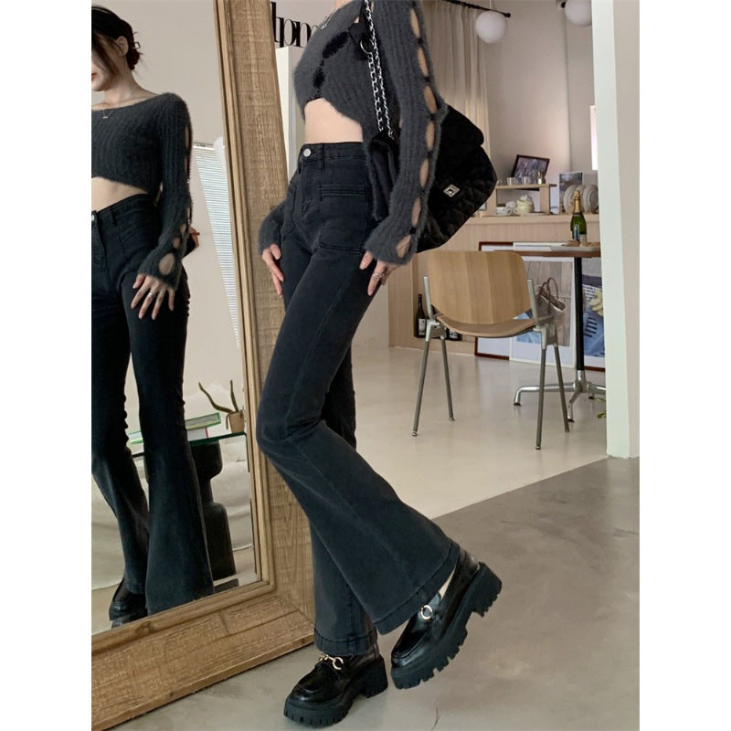 Black Bootcut Jeans Women's Spring High Waist Slimming Wide Leg Pants 2024 New Small Casual Horseshoe Pants