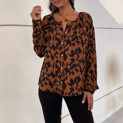 LOVECCR Cross-border  popular Spring and Autumn New Hot Trade 2025 Commuter Top Long Sleeve Leopard Print Design Shirt Women