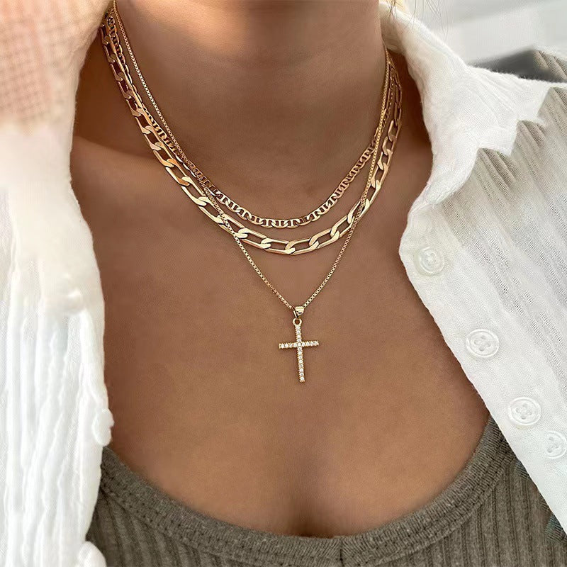 Cross-Border Hot Selling Ornament Affordable Luxury Fashion Cross Pendant Necklace Niche Personality Twin Multi-Layer Sweater Chain for Women