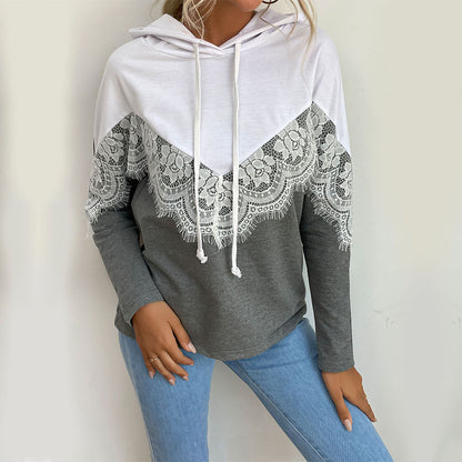 LOVECCR New  Autumn popular New Women's Wear Long Sleeve Hooded Pullover Splicing Lace Sweater Hoodie