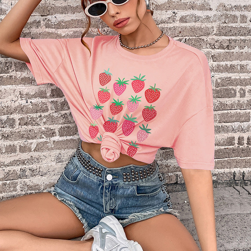 LOVECCR Cross-border new popular summer women's word print top round neck medium and long South East Asia Popular trade short-sleeved t-shirt